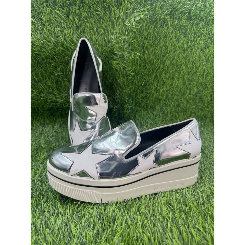 STELLA MCCARTNEY Silver Metallic Faux Leather Binx Star Platform Slip On Shoes 7